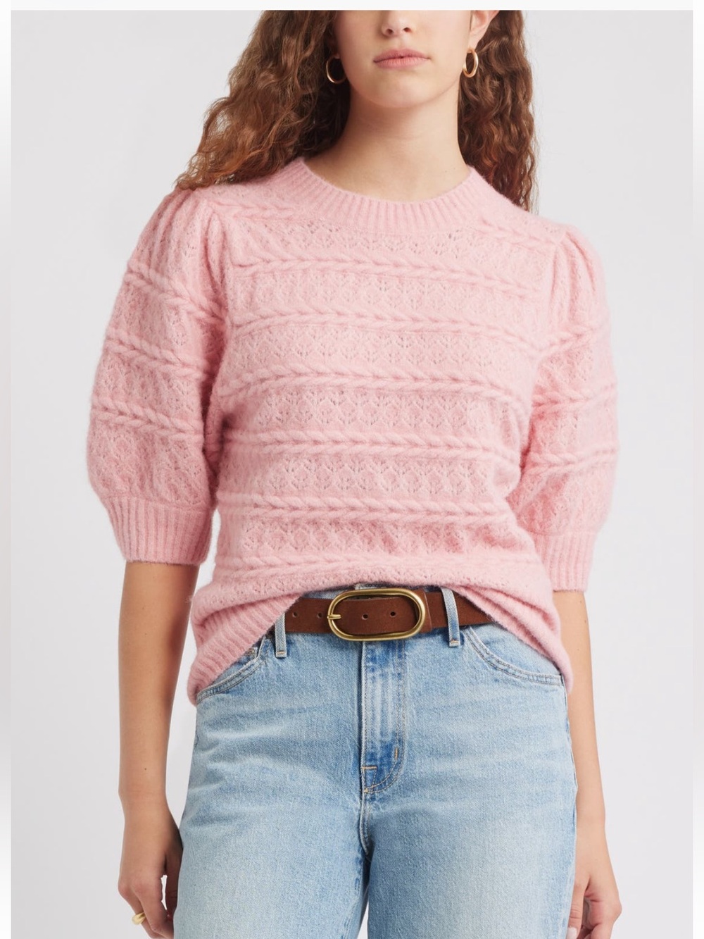39. Treasure & Bond Puff Short-Sleeve Cable Knit Sweater